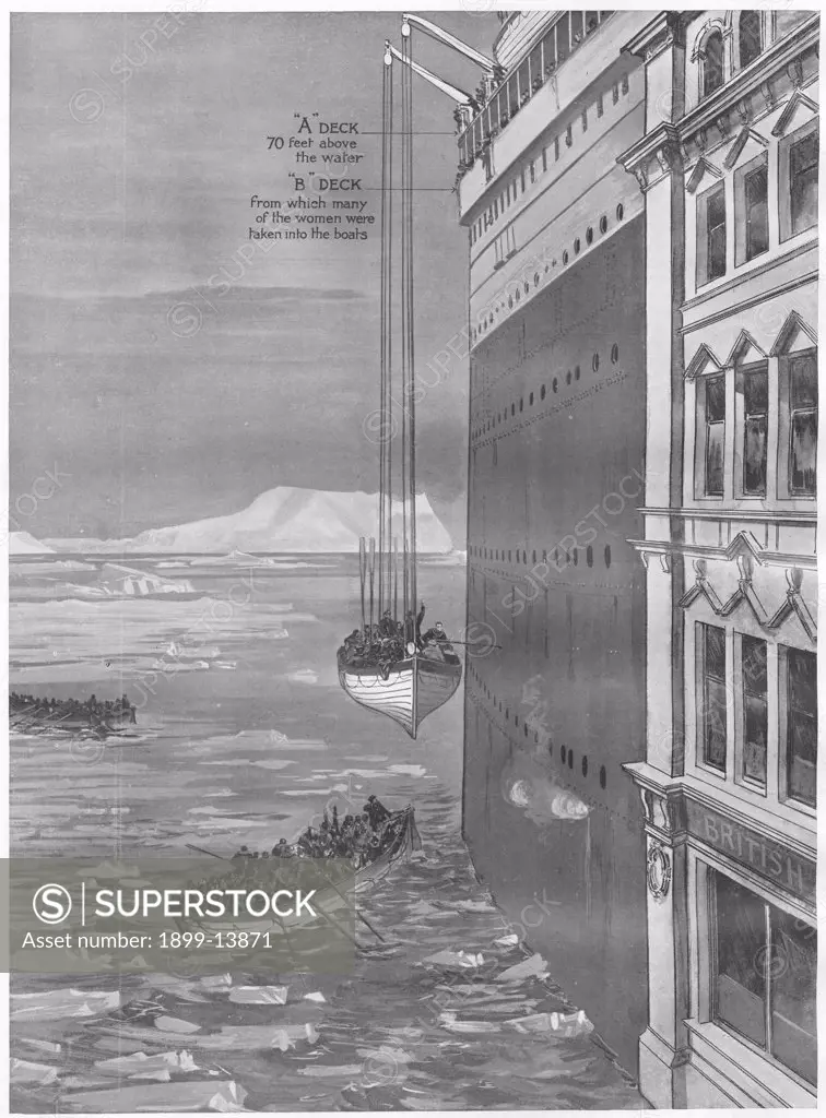 Titanic Lifeboats. RMS Tititanic Lifeboats. Illustration of how the lifeboats were lowered down the steel wall of Titanic, compared with a city office building. Titanic carried a total of 20 lifeboats, not enough to hold all the passengers and crew and when the lifeboats were launched they were not filled to capacity. Of the 2,227 passengers and crew members who set sail, only 705 Titanic passengers survived. Titanic was built by Harland & Wolff in Belfast Ireland during 1910 - 1911 and later sa