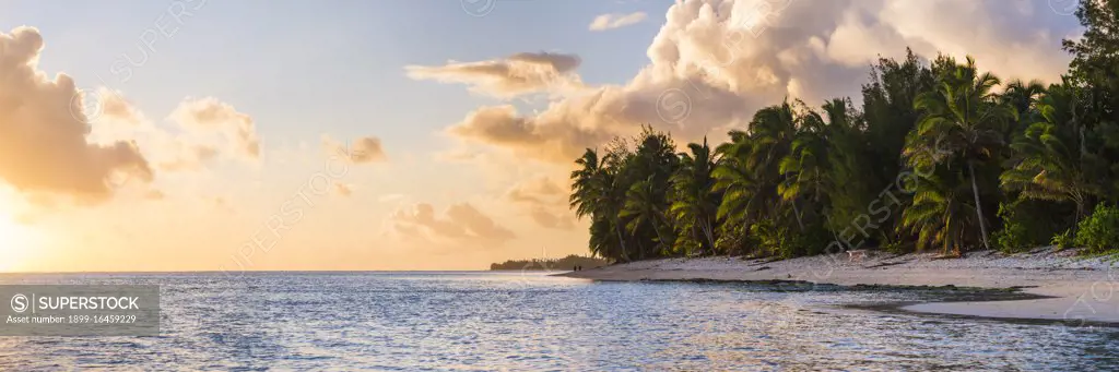 Tropical sandy beach at sunset with palm trees and dramatic clouds at sunset in the sky, Rarotonga, Cook Islands, background with copy space