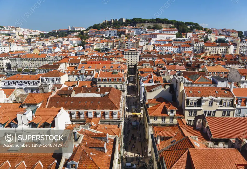 Lisbon, Portugal, Lisbon, Portugal, High view over the Baixa district to Castelo de Sao Jorge, the castle of Saint George