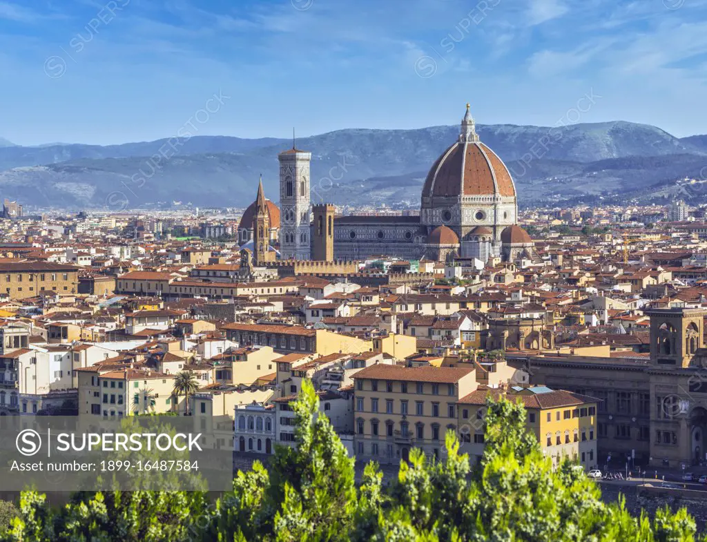 Overall view to the Duomo, or cathedral, Florence, Tuscany, Italy, The historic center of Florence is a UNESCO World Heritage Site