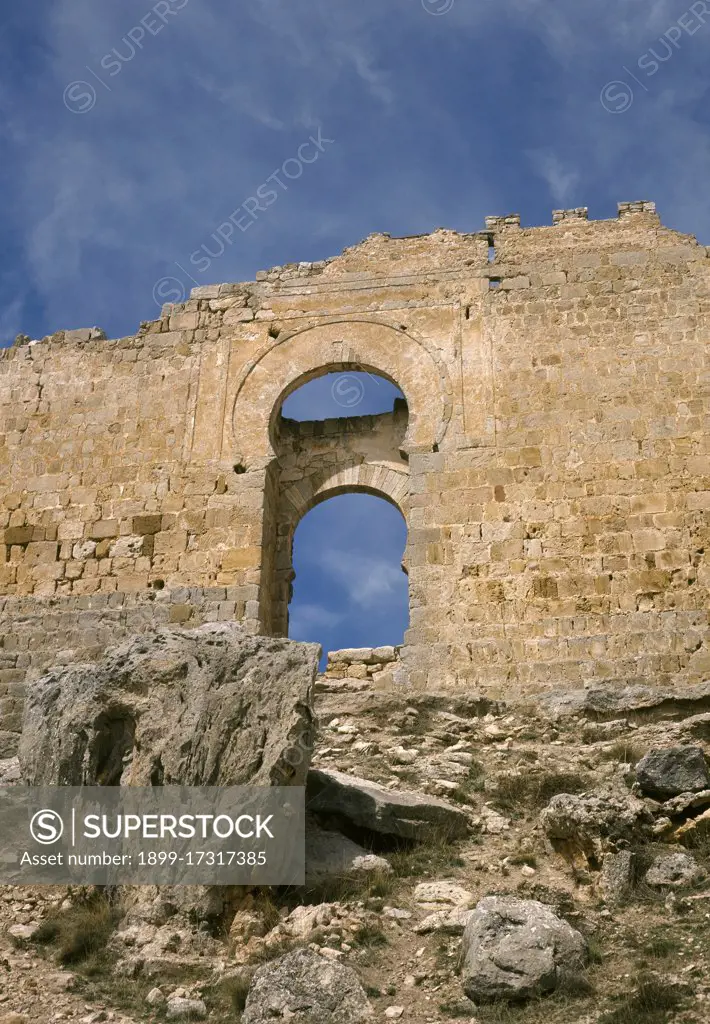 Spain. Castle of Gormaz. Built by the Muslims in the 9th century. View of the main gate with horsehoe arch. Soria province. Castile and Leon.