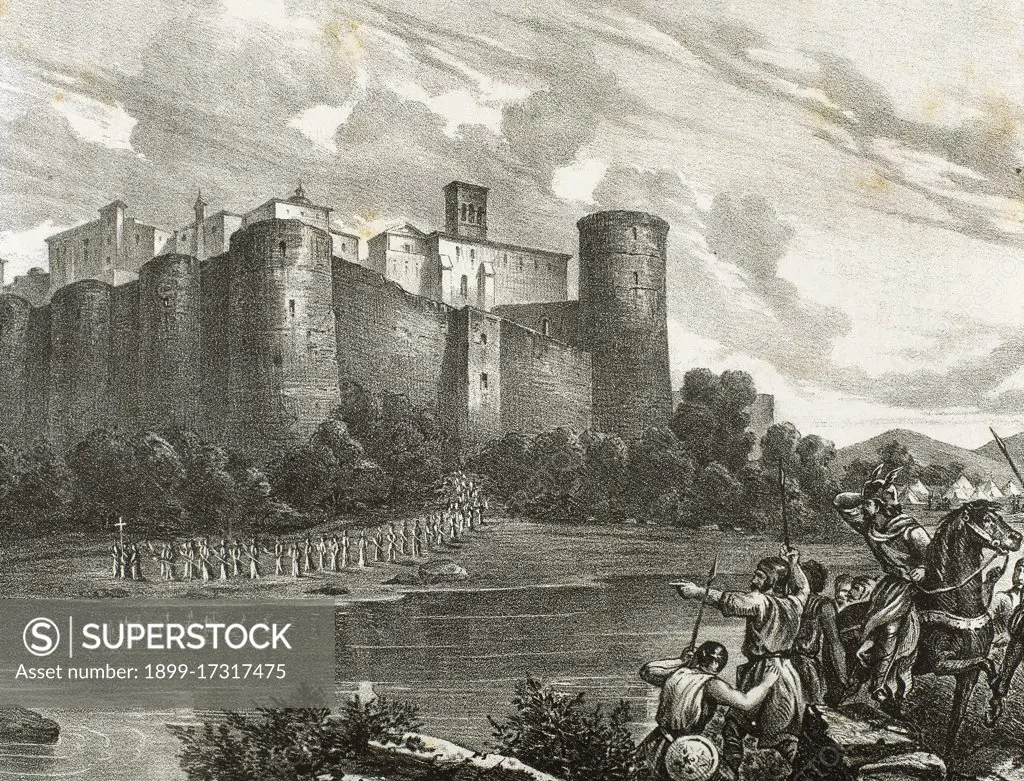 Spain. Siege of Zaragoza, also called First Siege of Zaragoza (542) by the Frankish king Childebert I (496-558) with the help of his brother Chlothar I (c. 497-561), the Old. He was forced to retreat. Engraving by Rafael del Castillo. "Historia de Espana Ilustrada", 1871.