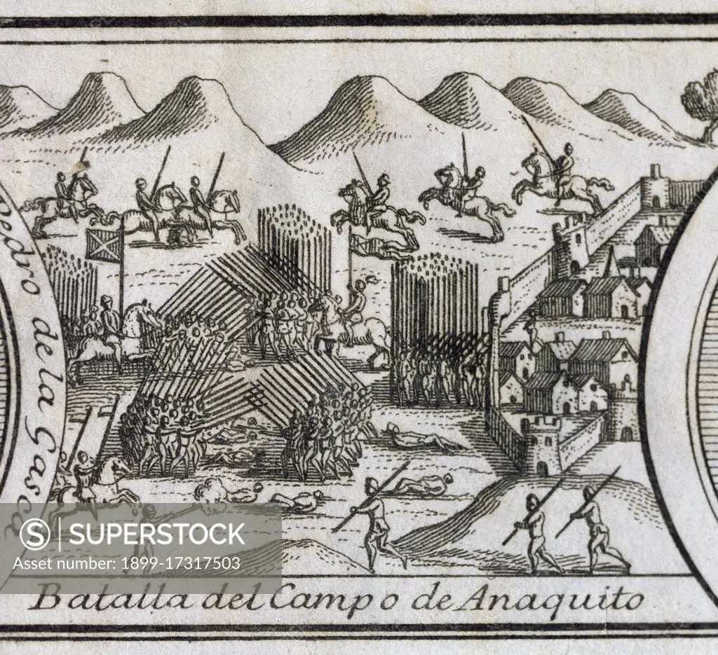 Spanish Conquest of Peru. Battle of Anaquito or Inaquito (1546), outskirts of present-day Quito, between Nueva Castilla and Viceroyalty of Peru leaded by Gonzalo Pizarro (1502-1548) and Blasco Nuñez Vela (d. 1546) with victory for Nueva Castilla. Engraving, 1726.