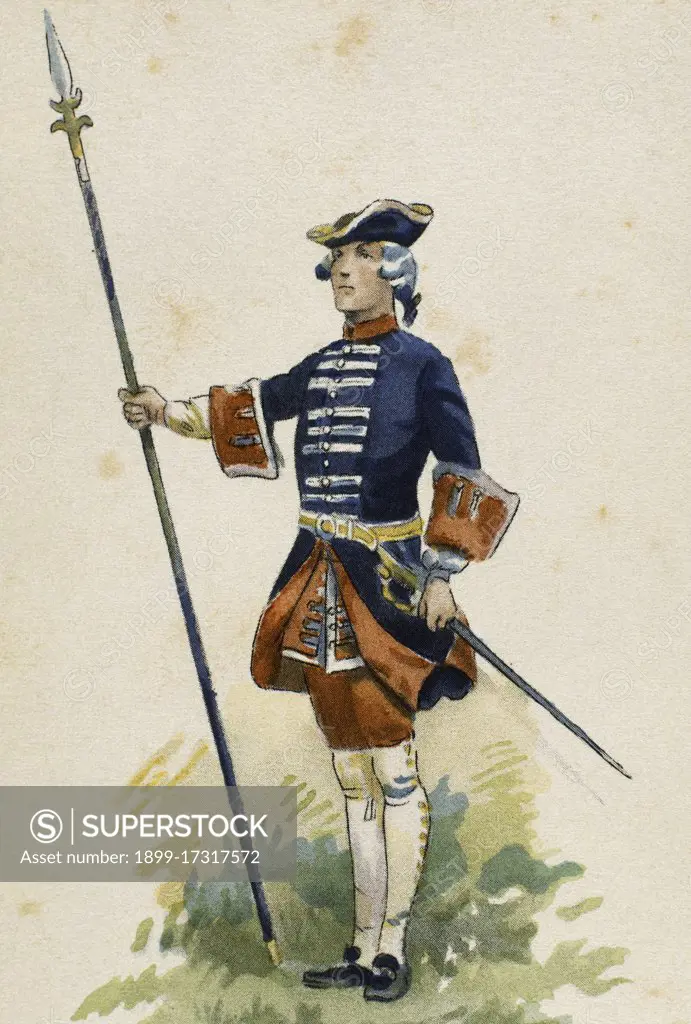 France. Military uniforms. 18th century. French guard of the king Louis XV. Engraving. Color.