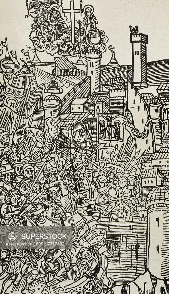 Ottoman wars in Europe. Siege of Rhodes (1480). Military action carried out by the Ottoman army, under Gedik Ahmed Pasha (died, 1482). The aim was to wrest control of the island from the Knights of Rhodes, a military order that emerged during the Crusades. Pierre d'Aubusson (1423-1503), Grand Master of the Order of St. John of Jerusalem, led the defenders. Engraving of "Stabilimenta Rhodiorum", 1496.