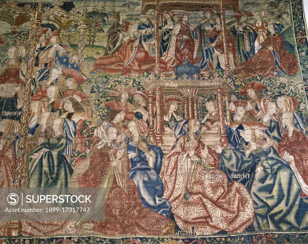 Tapestry of the Serie History of Joseph in Egypt depicting the Exaltation of Joseph (detail). Story of Genesis where Joseph is sold to the Ishmaelites by his brothers in Dotan for 20 silver coins, and his subsequent exaltation in the court of Pharaoh. Made in Brussels, early 16th century. Donated by the archbishop Fernando de Aragon. Major Sacristy of the Cathedral of Tarragona. Catalonia. Spain.