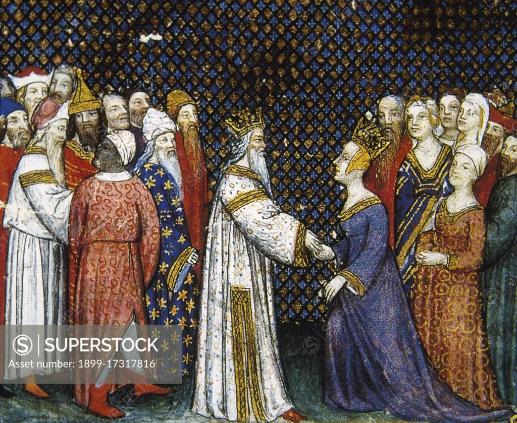 Basina of Thuringia (438-477)  husband of King Basinus. She herself took the initiative to ask for the hand of Childeric I, king of the Franks, and married him. Miniature 15th century: Marriage between Childeric I and Basina. "Les Chroniques de France" or "Les Chroniques de Saint-Denis". Conde Museum. France.