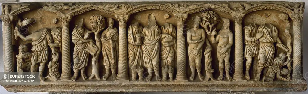 Early Christian sarcophagus. From  left to right: Sacrifice of Isaac, Jesus and Zacchaeus, miracle of loaves and fished, Adam and Eve and the spring sprouting in the desert. Workshop of Rome. 330-335. From Huerta de San Rafael. Archaeological Museum of Cordoba. Andalusia, Spain.