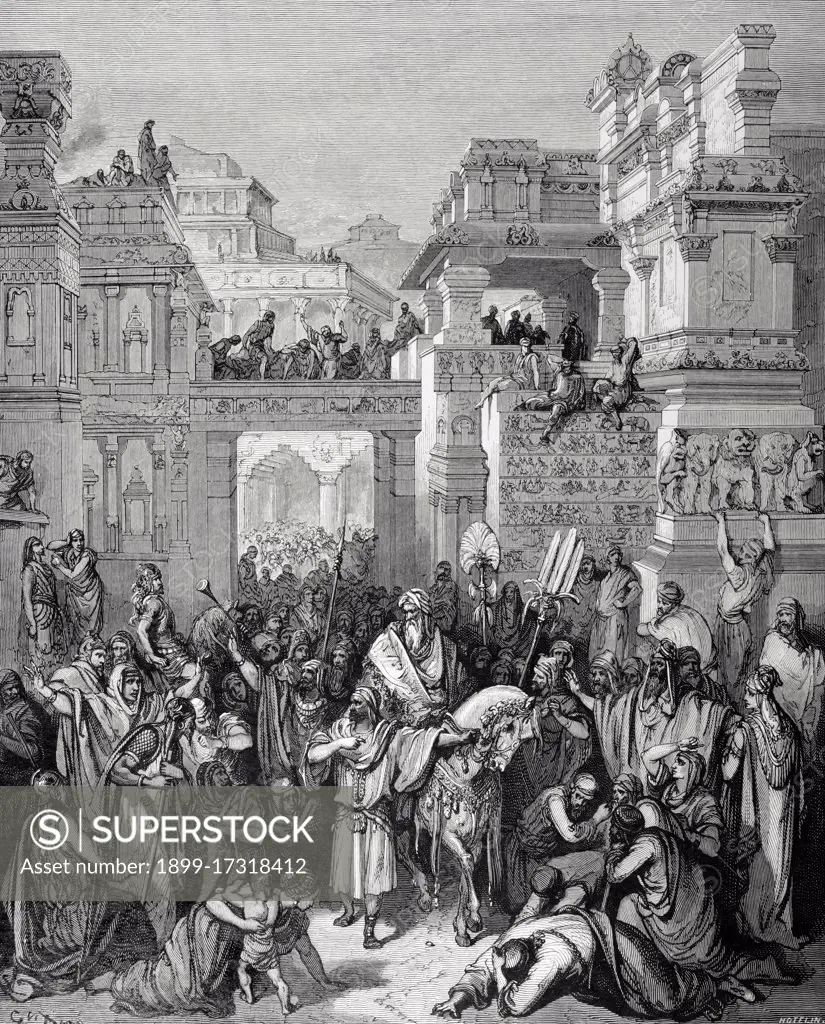 Old Testament. Book of Esther. The Triumph of Mordecai. Drawing by Hotelin, engraving by Gustave Dore. 19th century.