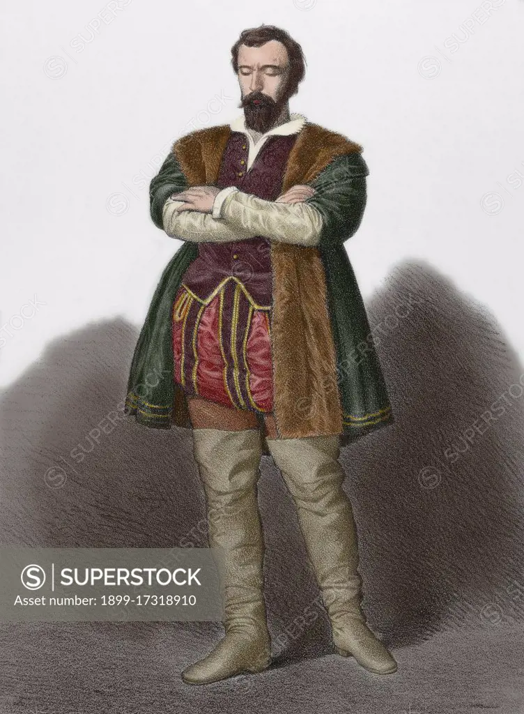 Juan Lopez de Padilla (1490-1521). Insurrectionary leader in the Castilian War of the Communities. Portrait. Engraving in "Historia de España", 19th century. Colored.