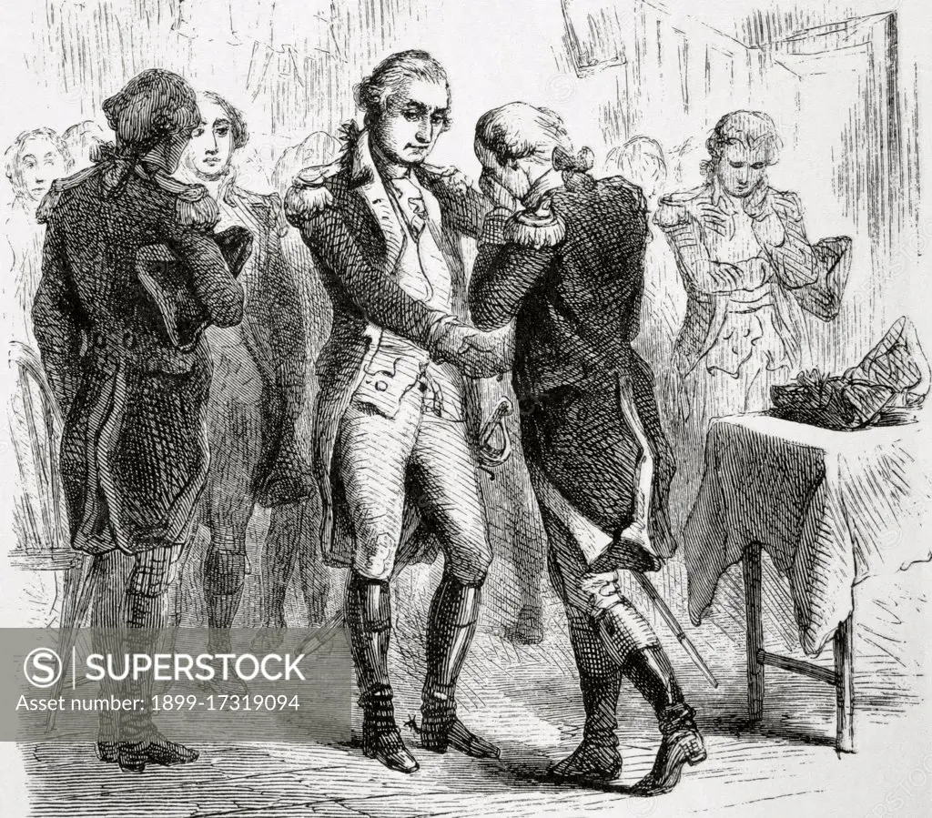 American Revolutionary War (1775-1783). George Washington's  farewell to his officers on December 4th, 1783 to the resign as a Commander-in Chief of the Continental Army after the US victory. Engraving.