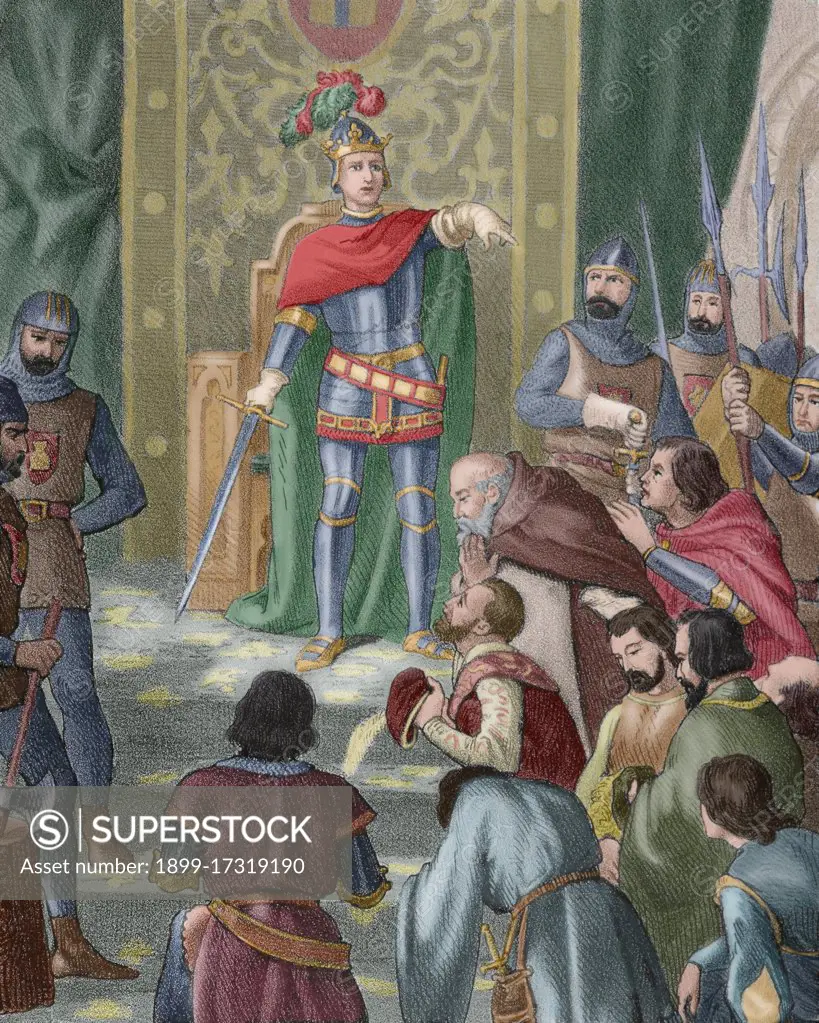 Henry III (1379-1406). Called Henry the Sufferer. King of Castile and Leon. The King imparting justice. Engraving in Spain Illustrated History, 19th century. Colored.