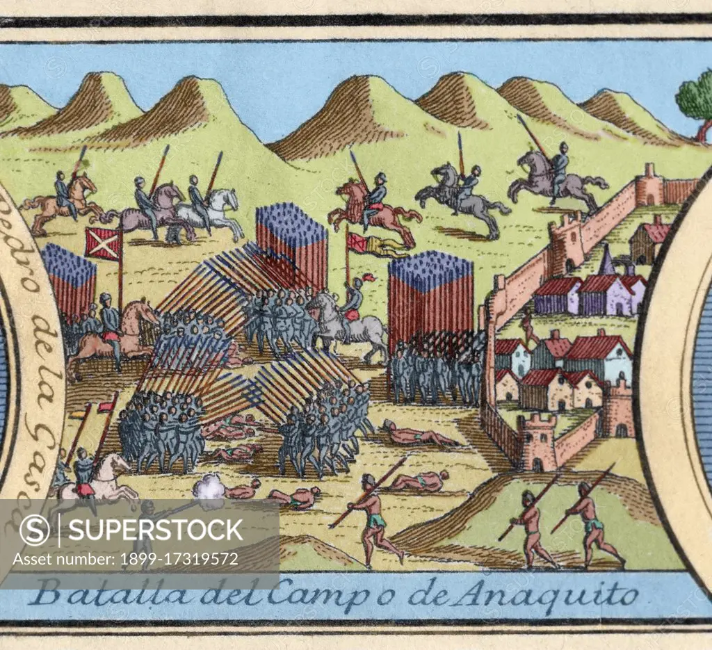 Spanish Conquest of Peru. Battle of Anaquito or Inaquito (1546), outskirts of present-day Quito, between Nueva Castilla and Viceroyalty of Peru leaded by Gonzalo Pizarro (1502-1548) and Blasco Nuv±ez Vela (d. 1546) with victory for Nueva Castilla. Engraving, 1726. Colored.