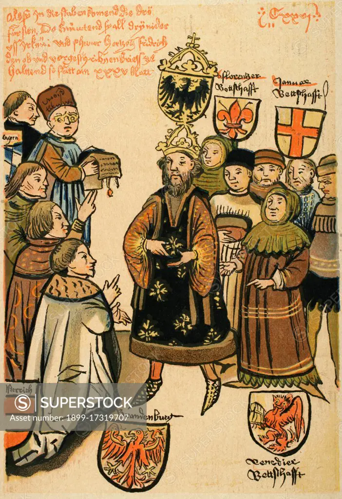 Frederick I, Elector of Brandenburg (1371-1440). Burgrave of Nuremberg as Frederick VI. First member of the House of Hohenzollern to rule the Margraviate of Brandenburg. Investiture of Frederick. Copy of an original by Ulrich of Richenthal (15th century).