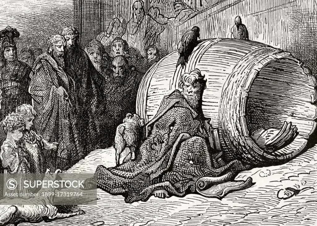 Diogenes (412-323 B.C.). Greek philosopher. One of the founders of Cynic philosophy. Also known as Diogenes the Cynic. Diogenes shelters in his barrel. Engraving by Gustave Dore.