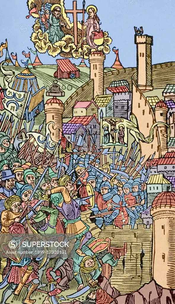 Ottoman wars in Europe. Siege of Rhodes (1480). Military action carried out by the Ottoman army, under Gedik Ahmed Pasha (died, 1482). The aim was to wrest control of the island from the Knights of Rhodes, a military order that emerged during the Crusades. Pierre d'Aubusson (1423-1503), Grand Master of the Order of St. John of Jerusalem, led the defenders. Engraving of "Stabilimenta Rhodiorum", 1496. Colored.