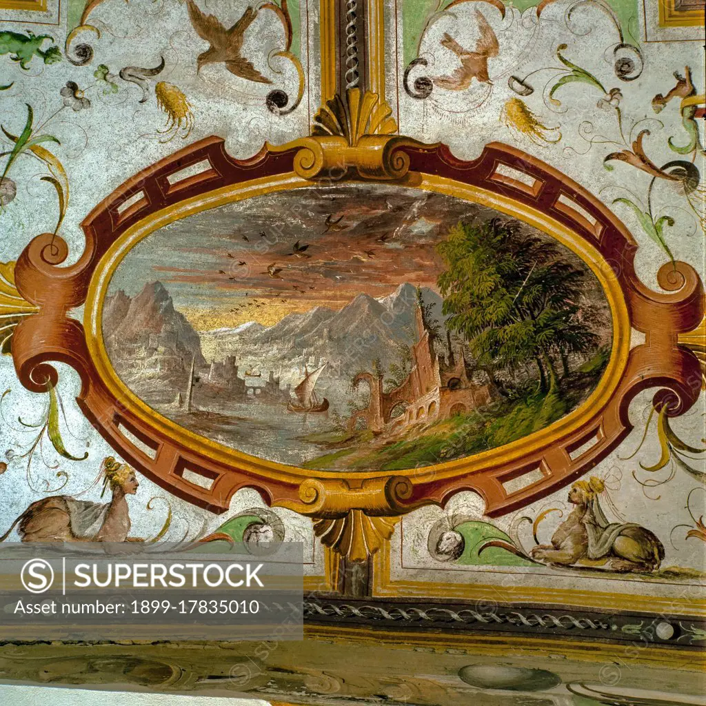 Italian Renaissance Torrechiara Castle. Cesare Baglione 1550 - 1615. titleof the work. Grotesque frescoed room Hall of Landscapes. early 17th century. detail. 