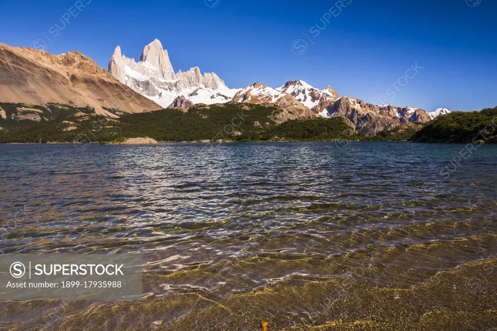 Lago Capri, Capri Lake, with Mount Fitz Roy, aka Cerro Chalten, behind, El Chalten, Patagonia, Argentina, South America