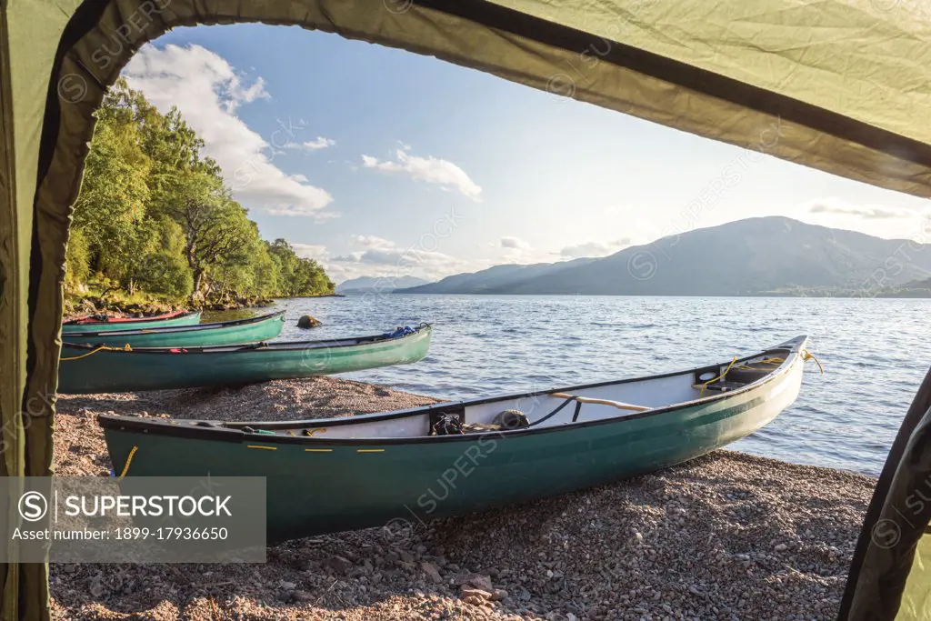 Camping on Loch Ness while canoeing the Caledonian Canal, near Fort Augustus, Scottish Highlands, Scotland, United Kingdom, Europe