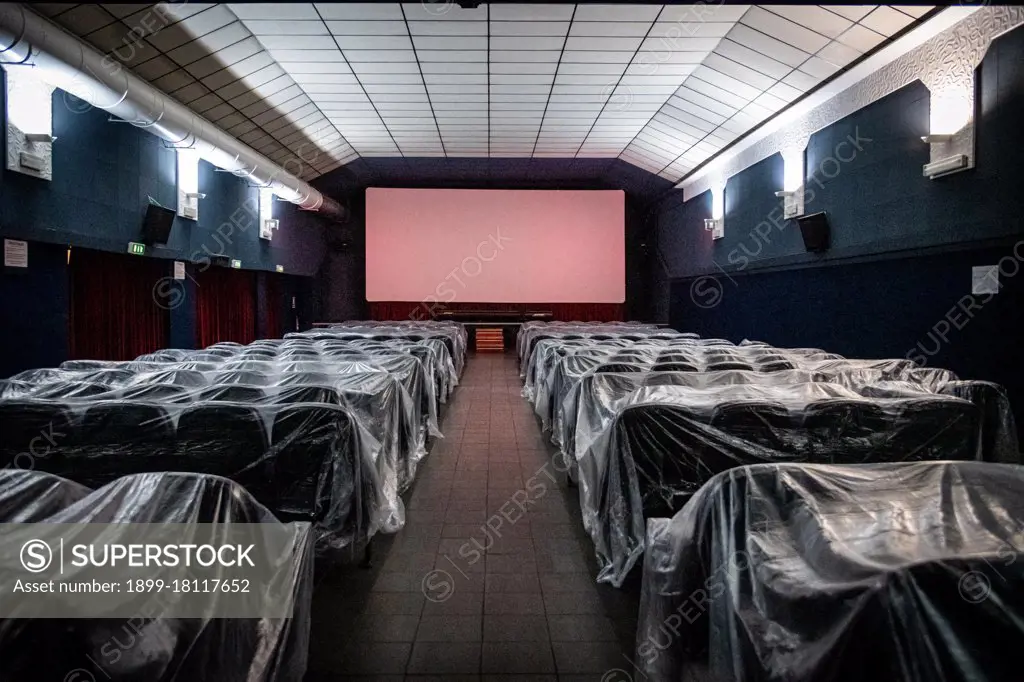 Milan - Cinema. Cinema Mexico in Via Savona. The empty cinema hall with  chairs wrapped in plastic during closure due to the Coronavirus emergency  (Milan - 2020-05-24, Marco Passaro). The photo can