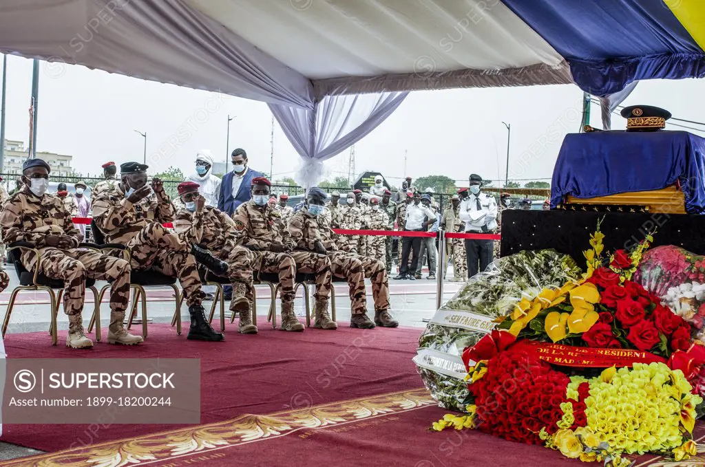 The coffin of Marshal and President of Chad, Idriss Deby Itno during his funeral on April 23, 2021. He was killed at the front during the fighting against the rebellion of the Front for Alternation and Concord in Chad (FACT) on April 20 2021. President Idriss Deby Itno had ruled Chad for 30 years.