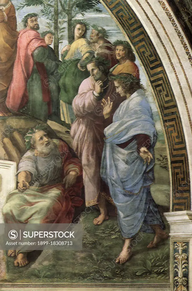 Parnassus, Lower Right, with 'Horace', Raphael, Raffaello S., 1510.