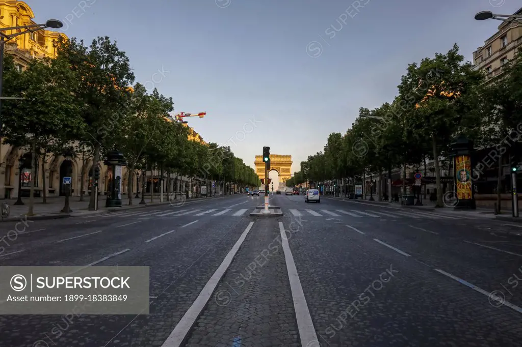 The Champs Elysees & Ark of Triumph, Paris, France during the May 2020 lockdown. (Photo by: Philippe Lissac/Godong/UIG)