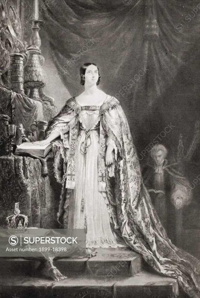 Queen Victoria, 1819-1901, taking the coronation oath. From an engraving of this picture by Sir. George Hayter. From the book ""V.R.I. Her Life and Empire"" by The Marquis of Lorne, K.T. now his grace The Duke of Argyll.