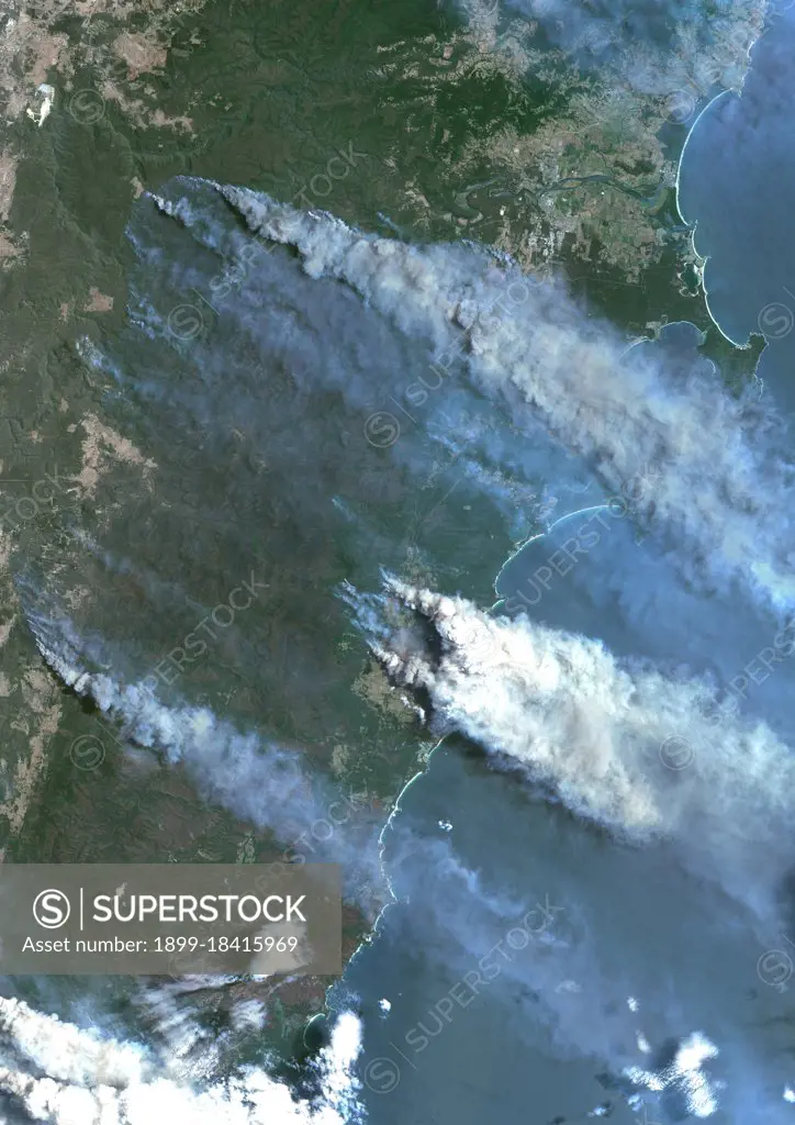 Color satellite image of bushfires in Batemans Bay on the South Coast region of New South Wales, Australia. Image collected on December 31, 2019 by Sentinel-2 satellites.