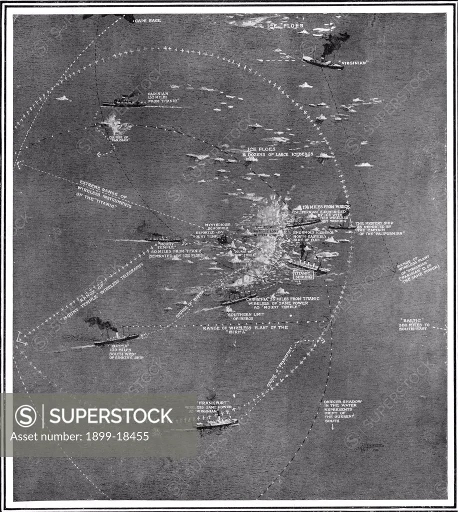 Chart of the RMS Titanic wreck site showing ships within call by wireless at the time of the collision