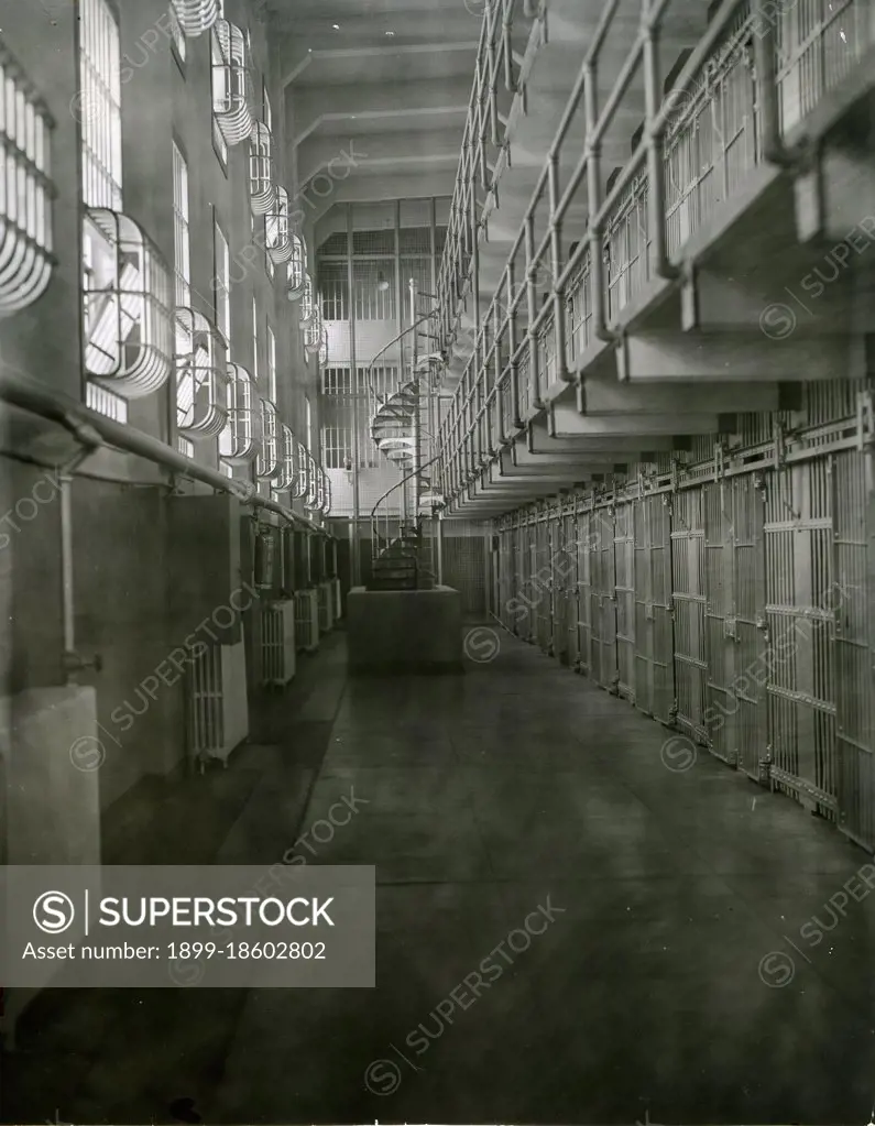 Corridor of Cell Block 'A' in Alcatraz Prison, San Francisco, CA, circa 1955