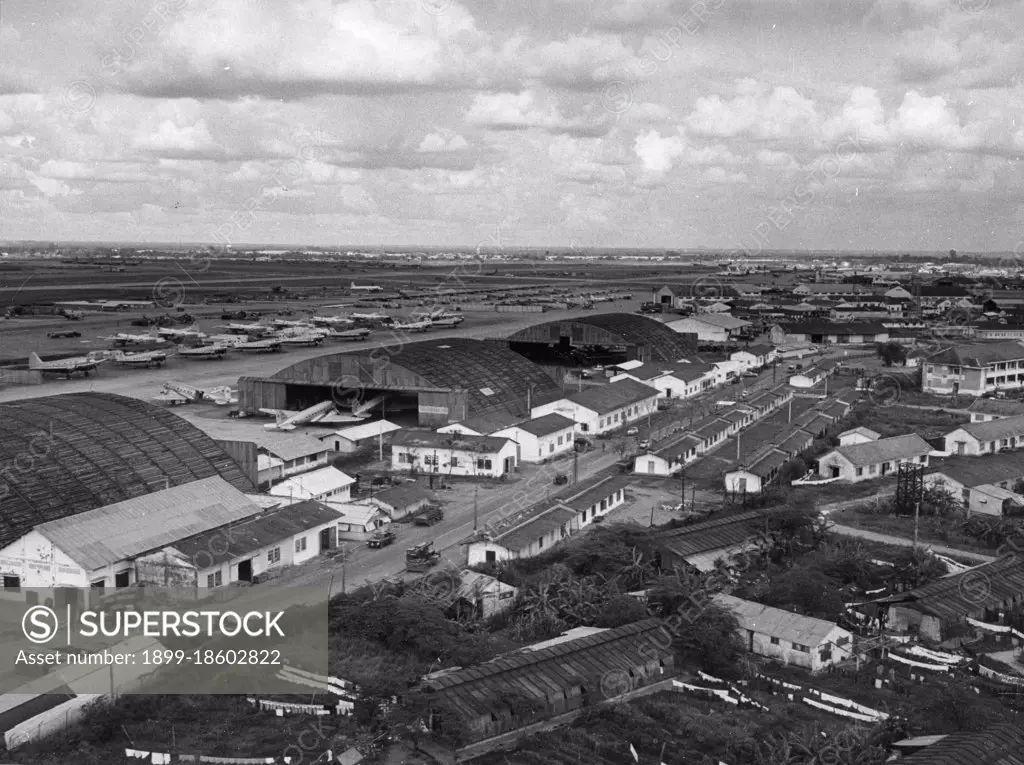 Elevated view of hangars, flightline and runways of Bien Hoa Air Force Base, Bien Hoa, South Vietnam, 12/7/1966. (Photo by US Air Force/GG Vintage Images)