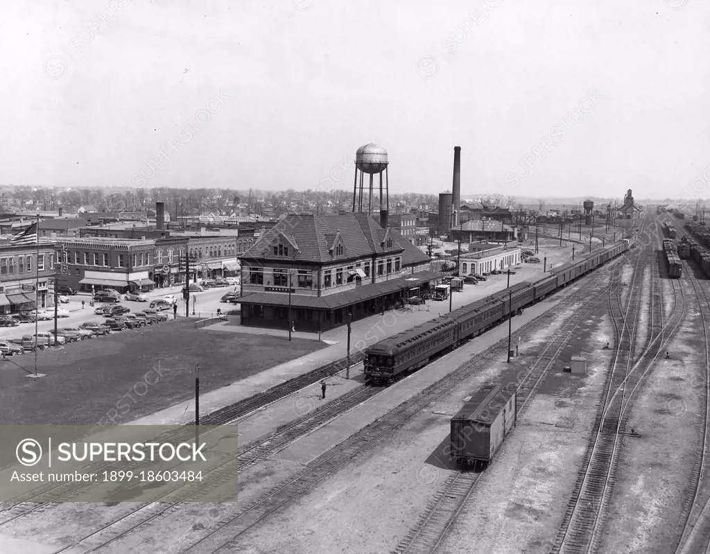 High-angle view of the business district, railway station and yards in Creston, Iowa, 3/1949. (Photo by Parker/United States Department of State/PhotoQuest/Getty Images)