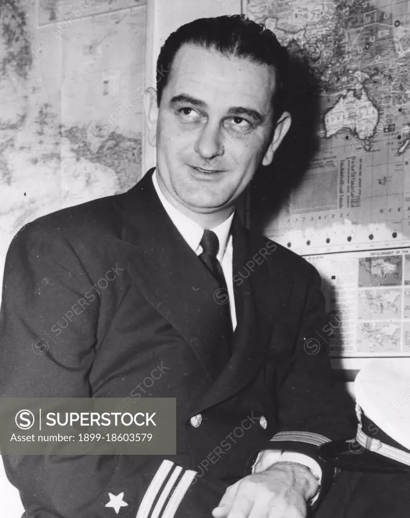 Lyndon B. Johnson as a Lt. Commander in the US Navy from December 10, 1941 to July 1942. He also served on the Naval Affairs Committee of the House of Representatives. World War II-era. 