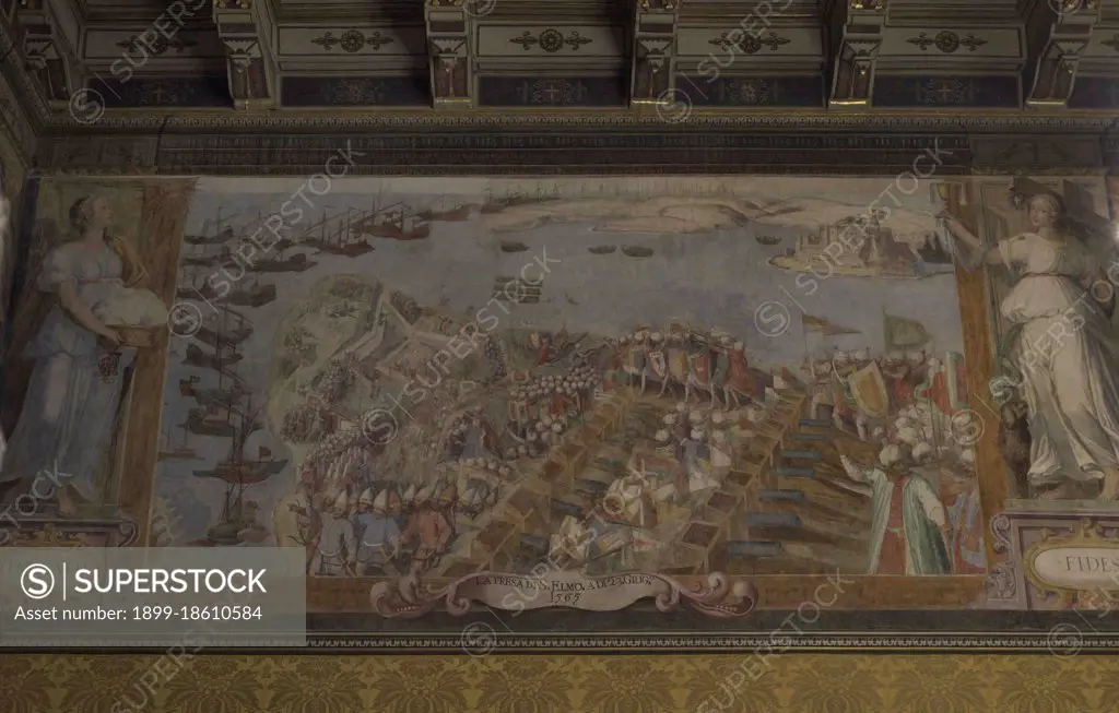 Palace of the Grand Master, 16th-18th centuries. Residence of the Great Master of the Order of Saint John. Fresco of the Supreme Council Room by Matteo Perez de Aleccio (1547-1628) depicting The Great Siege of Malta by the Ottoman Empire in 1565. Take of the Fort of Saint Elmo (June 23, 1565). Valletta, Malta.