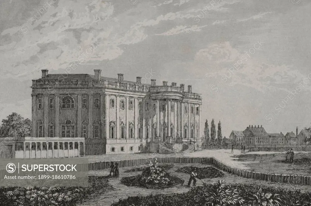 United States, Washington D.C. The White House. Designed by James Hoban (1758-1831), in Neoclassical style, its construction took place between 1792 and 1800. It has been the residence of every U.S, president since John Adams in 1800. Engraving by Arnout. Panorama Universal. History of the United States of America, from 1st edition of Jean B.G. Roux de Rochelle's Etats-Unis d'Amerique in 1837. Spanish edition, printed in Barcelona, 1850.