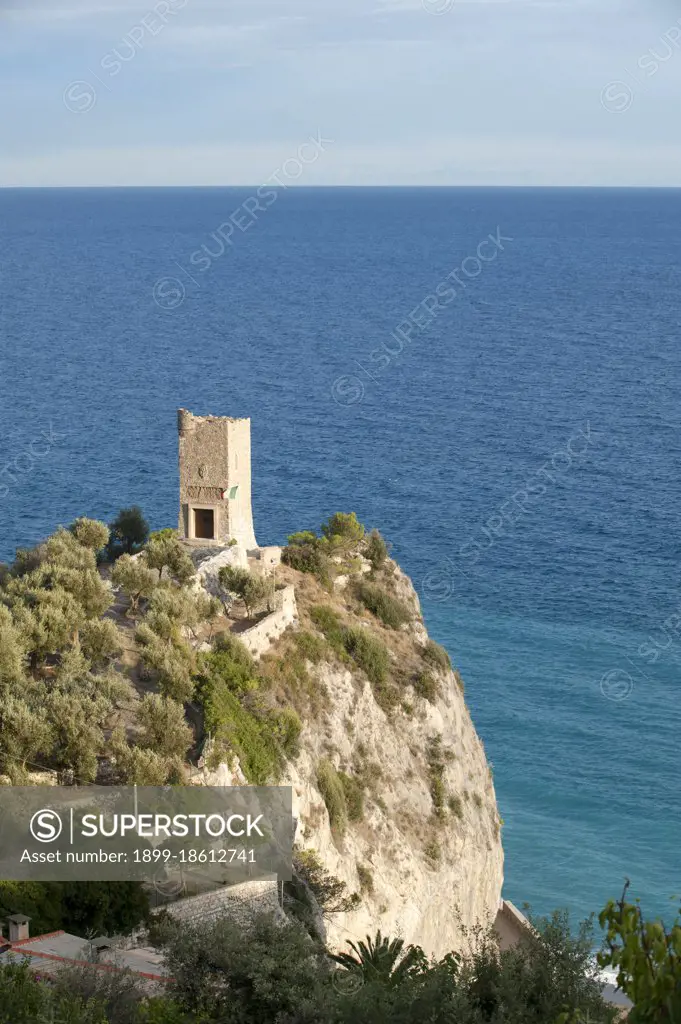 The remains of the Watchtower called Saracena placed as guard of the Saracen pirates in Finalpia. Finale Ligure. Savona. Liguria. Italy