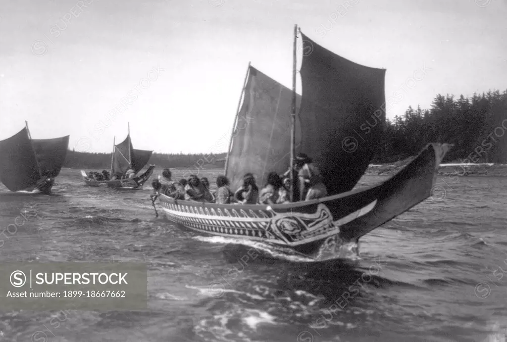 Edward S. Curits Native American Indians - Kwakiutl Indians in canoes, British Columbia circa 1914.