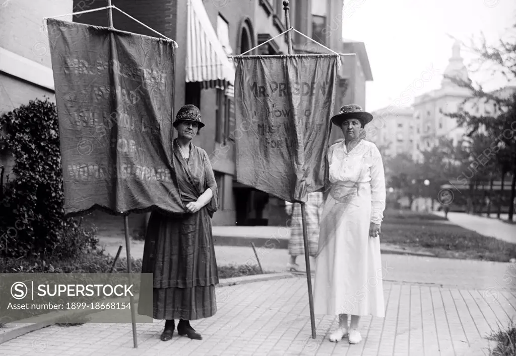 Woman Suffrage Movement - Suffragettes with banners in Washington D.C. circa 1918.