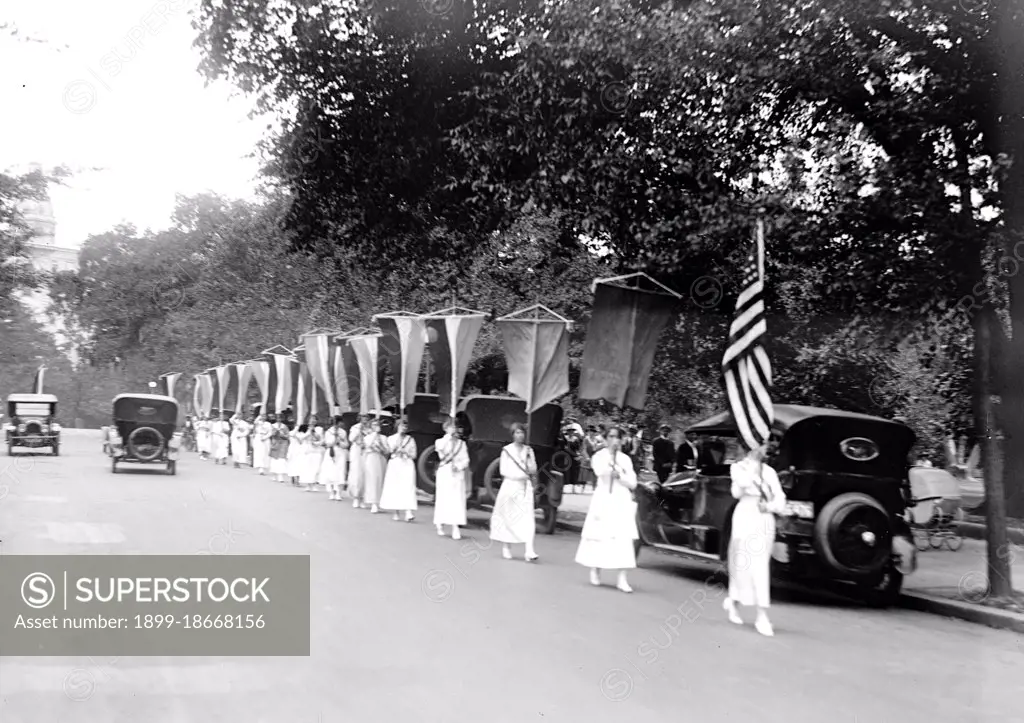 Woman Suffrage Movement - Suffragettes with banners in Washington D.C. circa 1918.