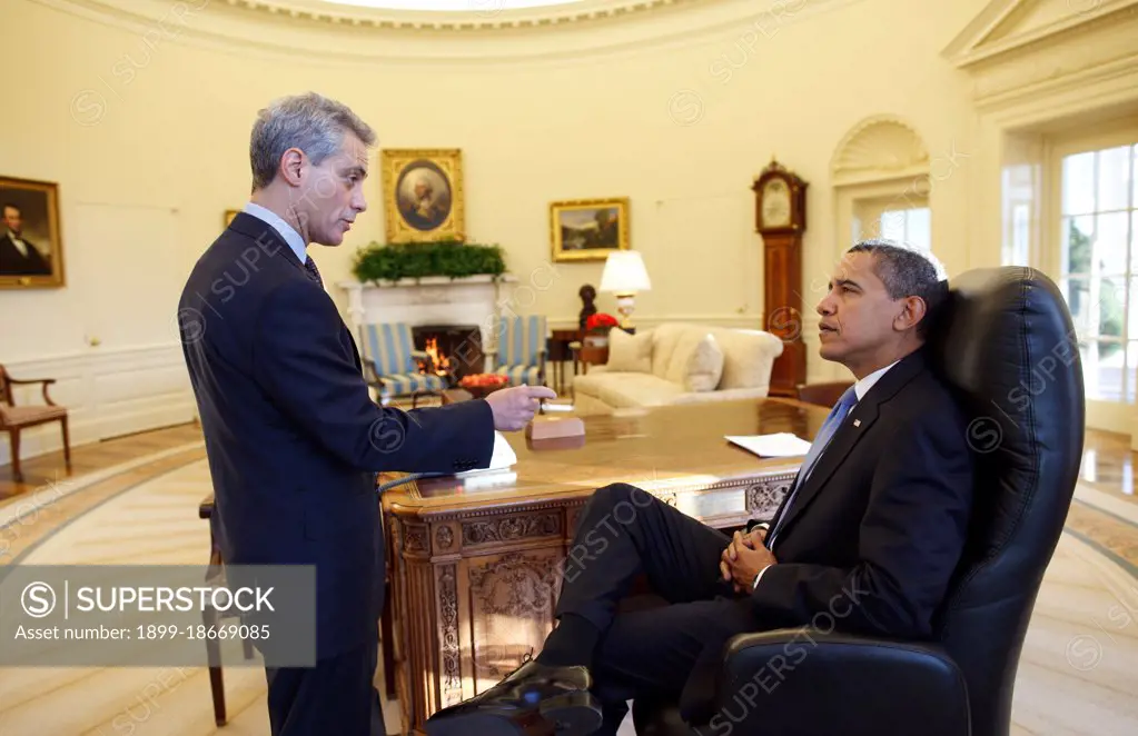 President Barack Obama meets alone with Chief of Staff Rahm Emanuel in the Oval Office on his first full day in office. 1/21/09 .