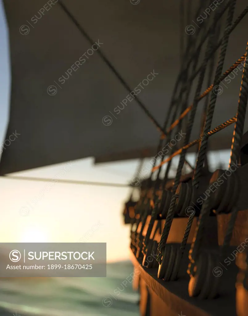 Close up of a pirate ship rigging and sails at sunrise 3d render