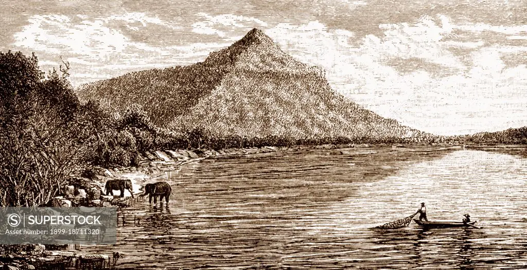 This drawing is based on an illustration by Louis Delaporte, one of dozens he produced during his two-year venture (1866-68) with the Mekong Exploration Commission, which was sponsored by the French Ministry of the Navy. The intention of the expedition was to lay the groundwork for the expansion of French colonies in Indochina. Traveling the Mekong by boat, the small French delegation voyaged from Saigon to Phnom Penh to Luang Prabang, then farther north into the uncharted waters of Upper Laos and China's Yunnan province, before returning to Hanoi in 1868 by foot, accompanied by porters and elephants.