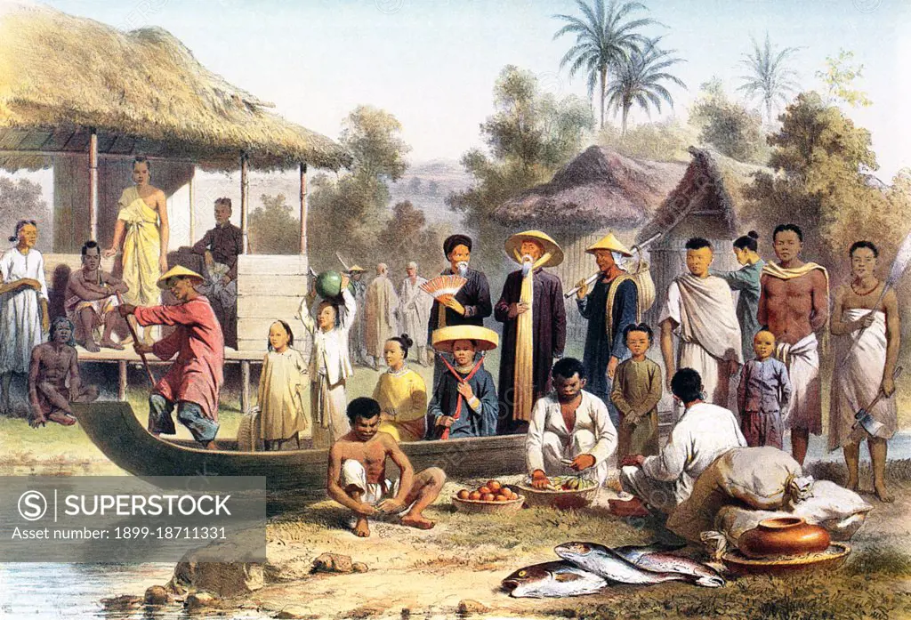 This painting by Louis Delaporte is one of dozens he drew during his two-year venture (1866-68) with the Mekong Exploration Commission sponsored by the French Ministry of the Navy, the intention of which was to lay the groundwork for the expansion of French colonies in Indochina. Traveling the Mekong by boat, the small French delegation voyaged from Saigon to Phnom Penh to Luang Prabang, then farther north into the uncharted waters of Upper Laos and China's Yunnan province, before returning to Hanoi in 1868 by foot, accompanied by porters and elephants.