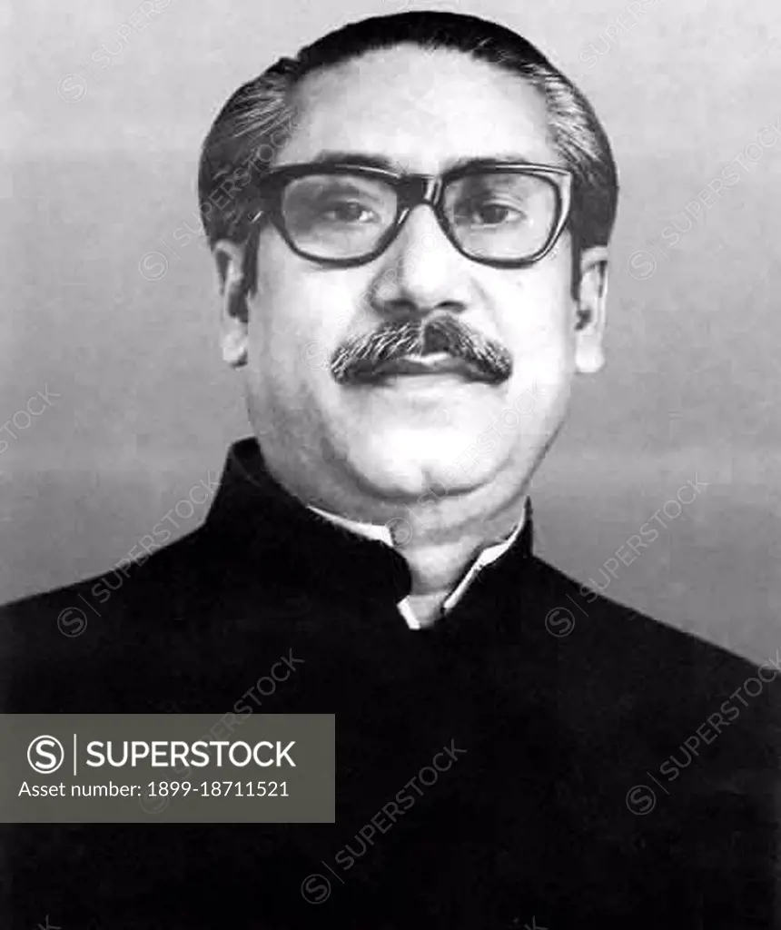 Sheikh Mujibur Rahman (March 17, 1920 - August 15, 1975) was a Bengali politician and the founding leader of the People's Republic of Bangladesh, generally considered in the country as the father of the Bangladeshi nation. After talks broke down with President Yahya Khan and West Pakistani politician Zulfikar Ali Bhutto, Sheikh Mujib on 26 March 1971 announced the declaration of independence of East Pakistan and announced the establishment of the sovereign People's Republic of Bangladesh. Subsequently he was arrested and tried by a military court. During his nine month detention, a guerrilla war erupted between government forces and Bengali nationalists aided by India. An all out war between the Pakistan Army and Bangladesh-India Joint Forces led to the establishment of Bangladesh, and after his release Mujib assumed office as a provisional president, and later prime minister. Mujib was assassinated along with most of his family by a group of army officers in 1975.