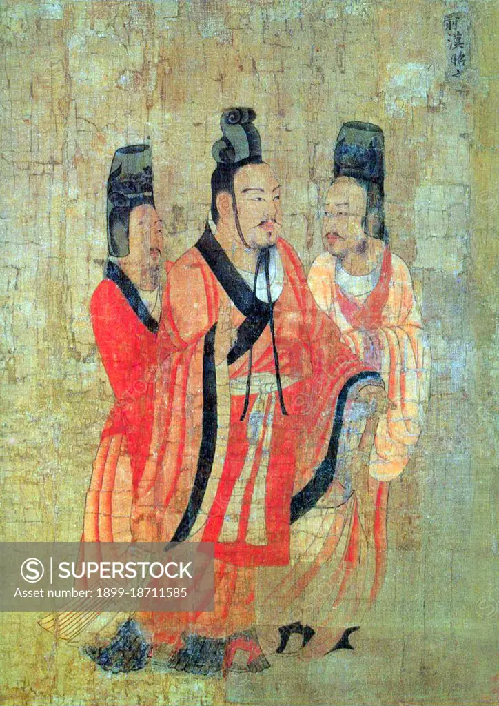 Emperor Zhao of Han (94 BC - 74 BC) was an emperor of the Chinese Han Dynasty from 87 BC to 74 BC. Emperor Zhao was the youngest son of Emperor Wu of Han. By the time Zhao was born, Emperor Wu was already 62. Zhao ascended the throne after the death of Emperor Wu in 87 BC. He was only 8 years old. Huo Guang served as regent. Emperor Wu's long reign left the Han Dynasty greatly expanded; however constant warfares had depleted the empire's coffer. Emperor Zhao, under the tutelage of Huo, took the initiative and lowered taxes as well as reduced government spending. As a result, citizens prospered and the Han Dynasty enjoyed an era of peace. Unfortunately, Emperor Zhao died after reigning for 13 years. He was only 20. Yan Liben (Wade-Giles: Yen Li-pen, c. 600-673), formally Baron Wenzhen of Boling, was a Chinese painter and government official of the early Tang Dynasty. His notable works include the Thirteen Emperors Scroll and Northern Qi Scholars Collating Classic Texts. He also painted 