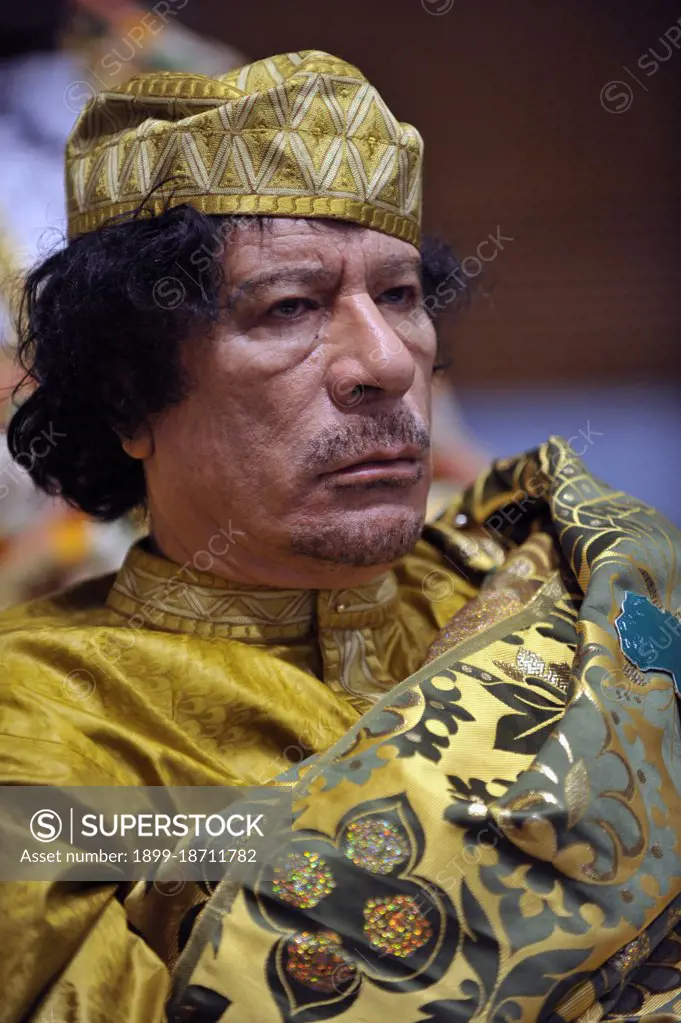 Muammar Qaddafi, then Libyan chief of state, attends the 12th African Union Summit in Addis Ababa, Ethiopia, Feb. 2, 2009. Qaddafi was elected chairman of the organisation.