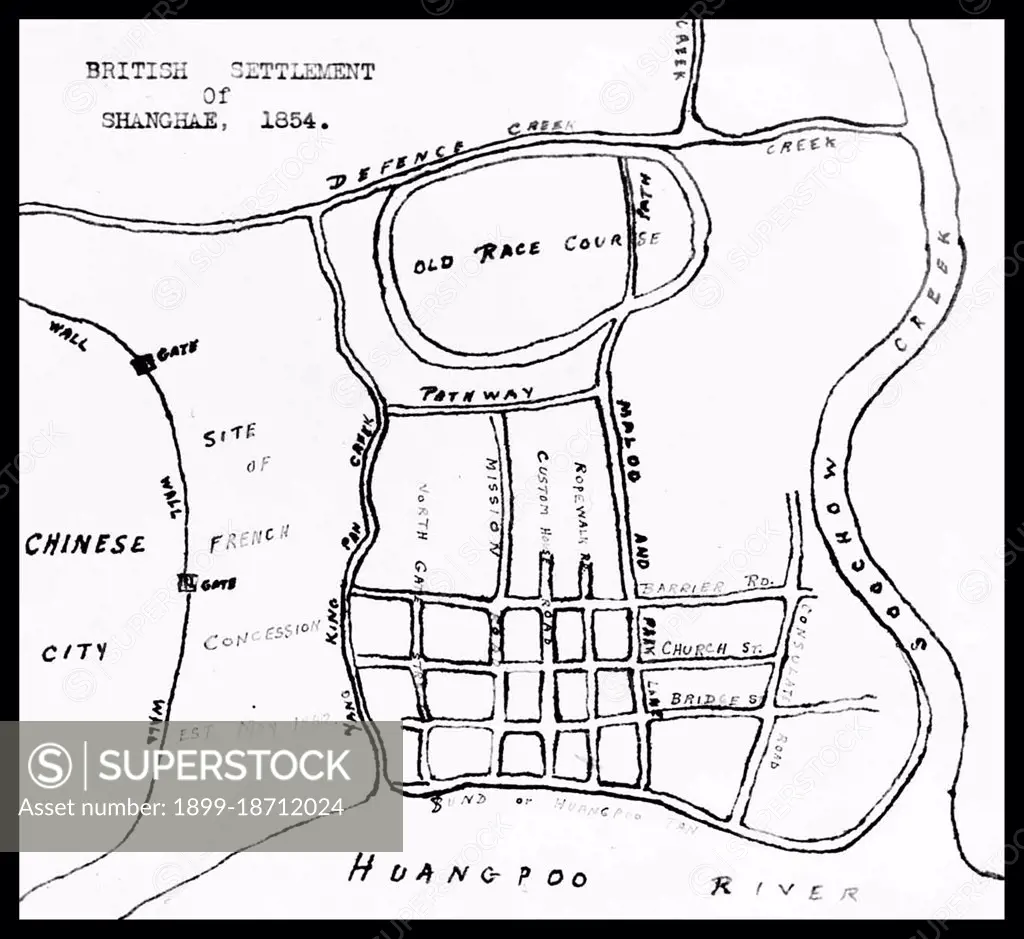 This map, which was drawn in the mid-1930s, shows the outline of the British Settlement (which would become the heart of the International Settlement) in relation to the Chinese City (Nanshi), the Huangpu River and Suzhou Creek, in 1854. International attention to Shanghai grew in the 19th century due to its economic and trade potential near the mouth of the Yangtze River. During the First Opium War (1839-1842), British forces temporarily held the city. The war ended with the 1842 Treaty of Nanjing, opening the treaty ports, Shanghai included, for international trade. The Treaty of the Bogue signed in 1843, and the Sino-American Treaty of Wangsia signed in 1844 together allowed foreign nations to visit and trade on Chinese soil, the start of the foreign concessions. In 1854, the Shanghai Municipal Council was created to manage the foreign settlements. In 1860-1862, during a civil war Shanghai had been invaded twice. In 1863, the British settlement, located to the south of Suzhou creek 