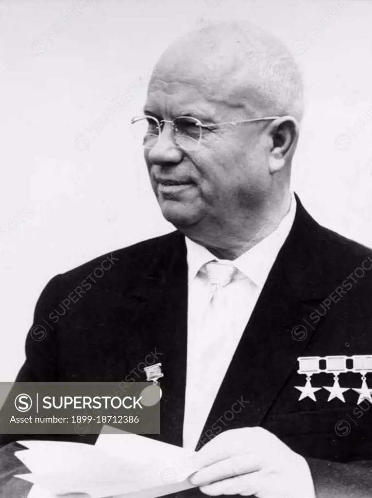 Nikita Sergeyevich Khrushchev (April 15, 1894 - September 11, 1971) led the Soviet Union during part of the Cold War. He served as First Secretary of the Communist Party of the Soviet Union from 1953 to 1964, and as Chairman of the Council of Ministers, or Premier, from 1958 to 1964. Khrushchev was responsible for the partial de-Stalinization of the Soviet Union, for backing the progress of the early Soviet space program, and for several relatively liberal reforms in areas of domestic policy. Khrushchev's party colleagues removed him from power in 1964, replacing him with Leonid Brezhnev as First Secretary and Alexei Kosygin as Premier.