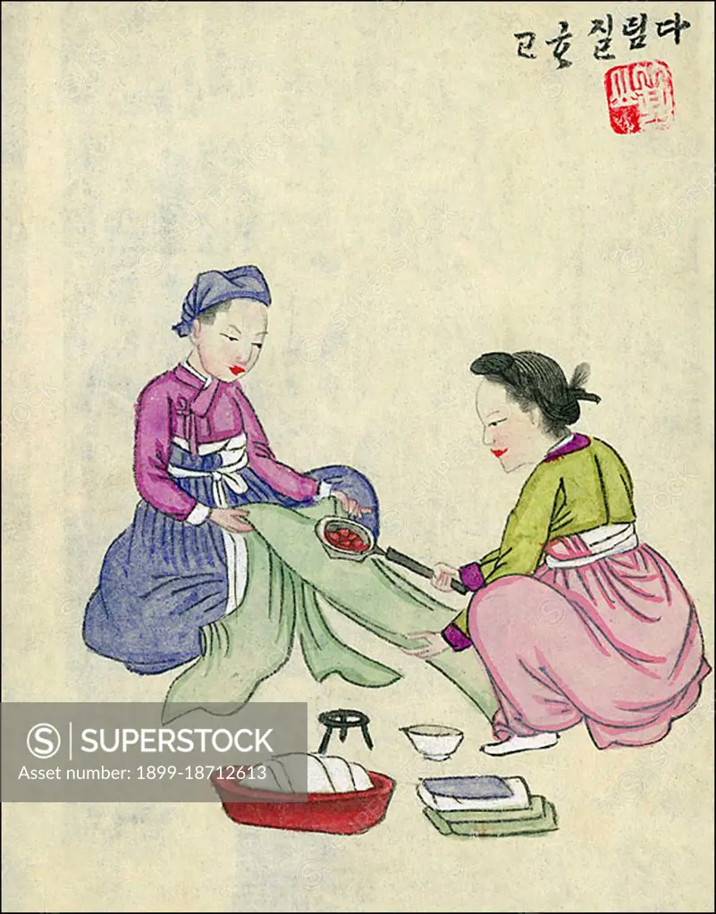 A typical domestic scene from the late Joseon Dynasty period showing two women dressed in traditional Hanbok clothing, ironing a robe using a long-handled ironing device filled with hot coals. There is a three legged stand for the iron, a basket full clothes waiting to be ironed, and a pile of neatly-ironed clothing beside the women.